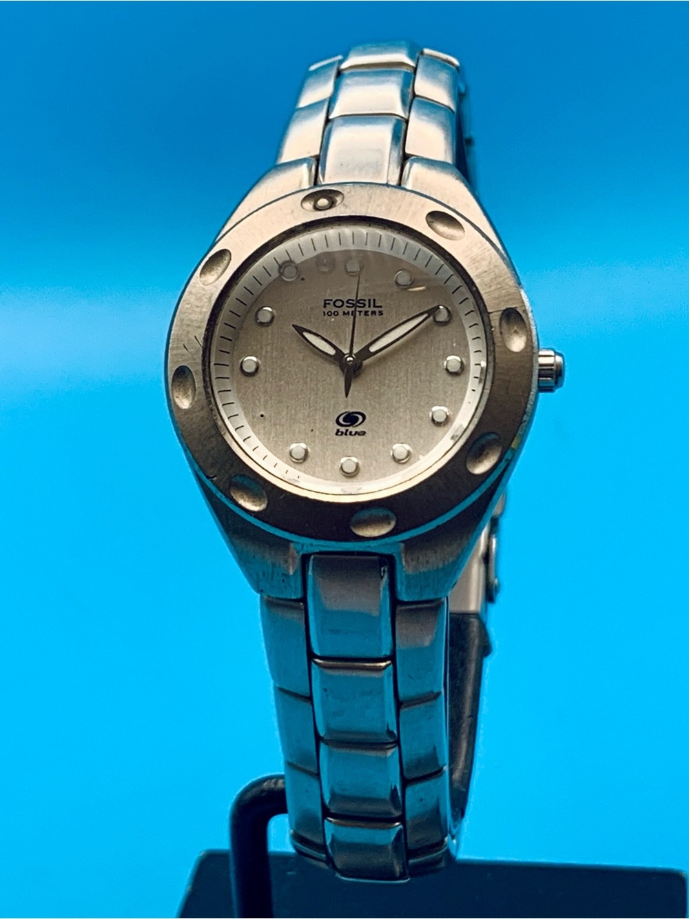 FOSSIL BLUE AM-3301 Women’s Vintage Quartz Bracelet Wristwatch Working New Batt